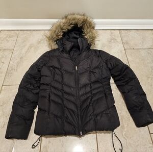 Lands End Down Black Puffer Jacket with Faux Fur Hood
